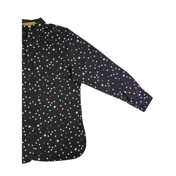 Ellen Tracy Shirt Womens Medium Black w/Red White Stars Print Button Up Roll Tab - Picture 10 of 10